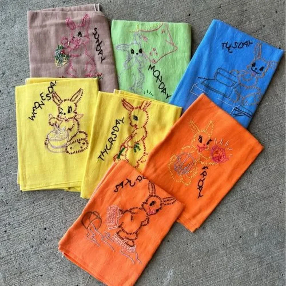 Vintage 1950s Hand-Embroidered Bunny Days of the Week Tea Towels - Set of 7